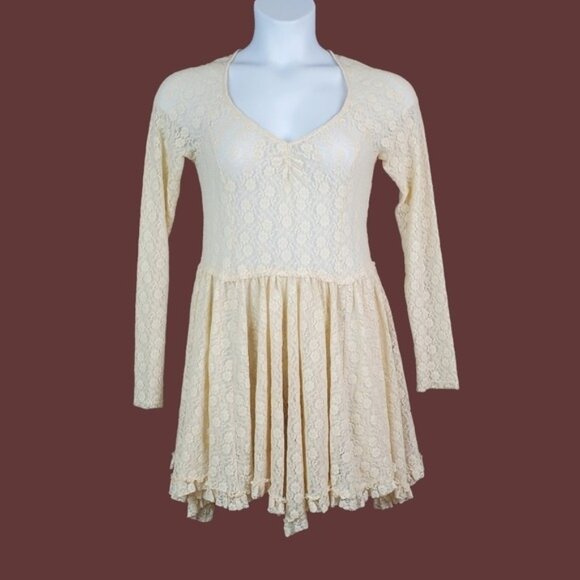 Free People Womens Long Sleeve Sheer Ivory Lace Fit & Flare Mini Dress Size M - Picture 1 of 8